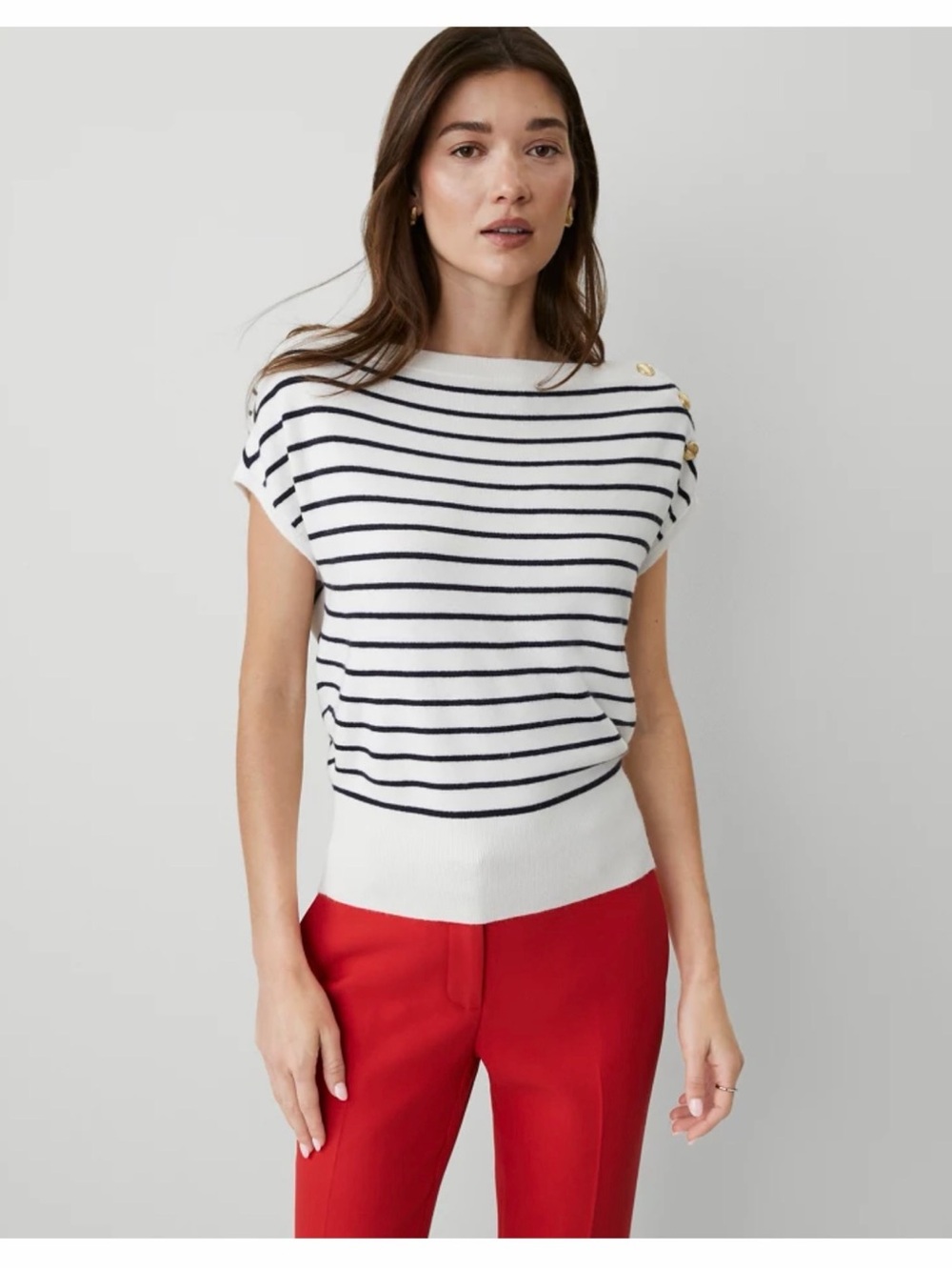 Ann Taylor White and Navy Striped Boatneck Short-Sleeve Sweater